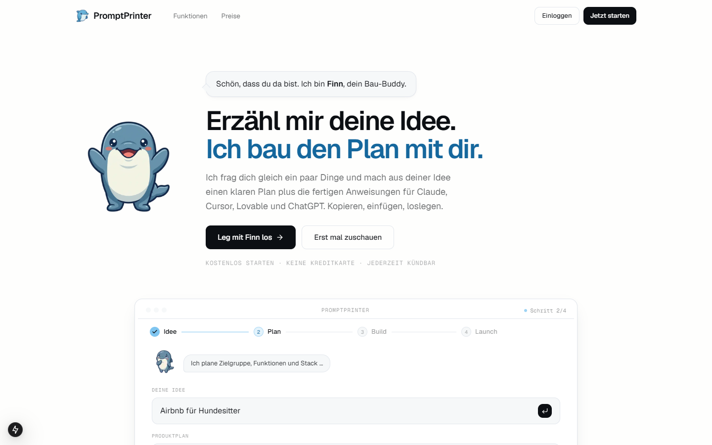 Hero der Landing Page: Finn begrüsst dich und baut den Plan mit dir