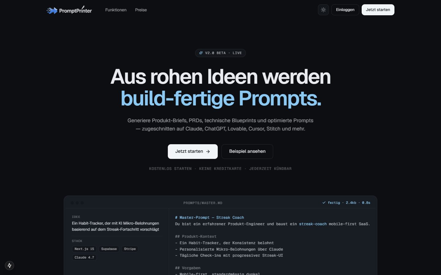 Landing Page von PromptPrinter