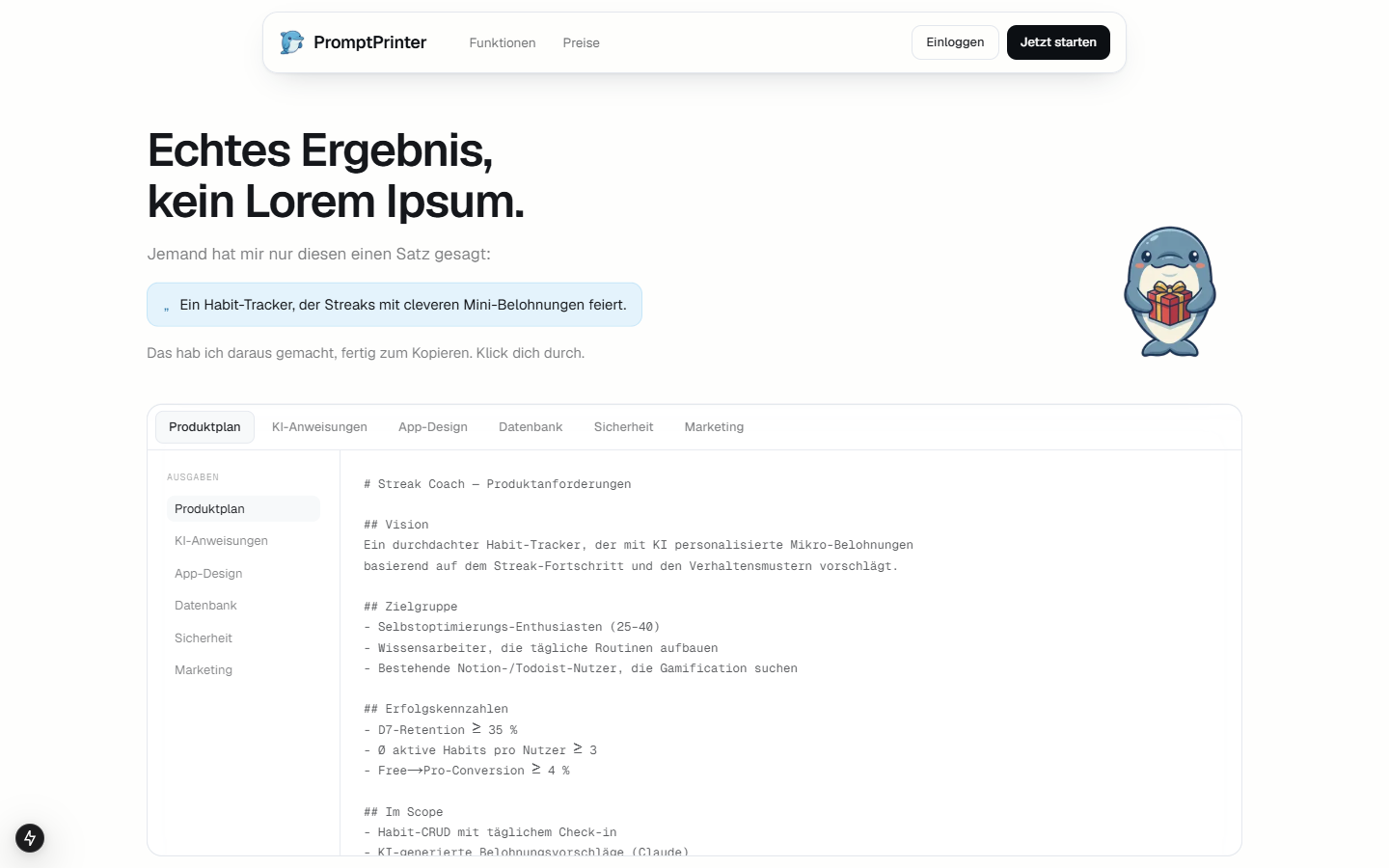 Echtes generiertes Ergebnis in sechs Tabs