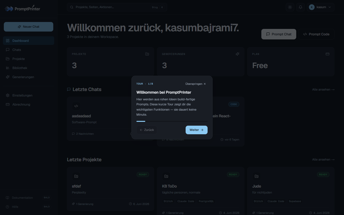 Dashboard mit Statistiken und Onboarding-Tour