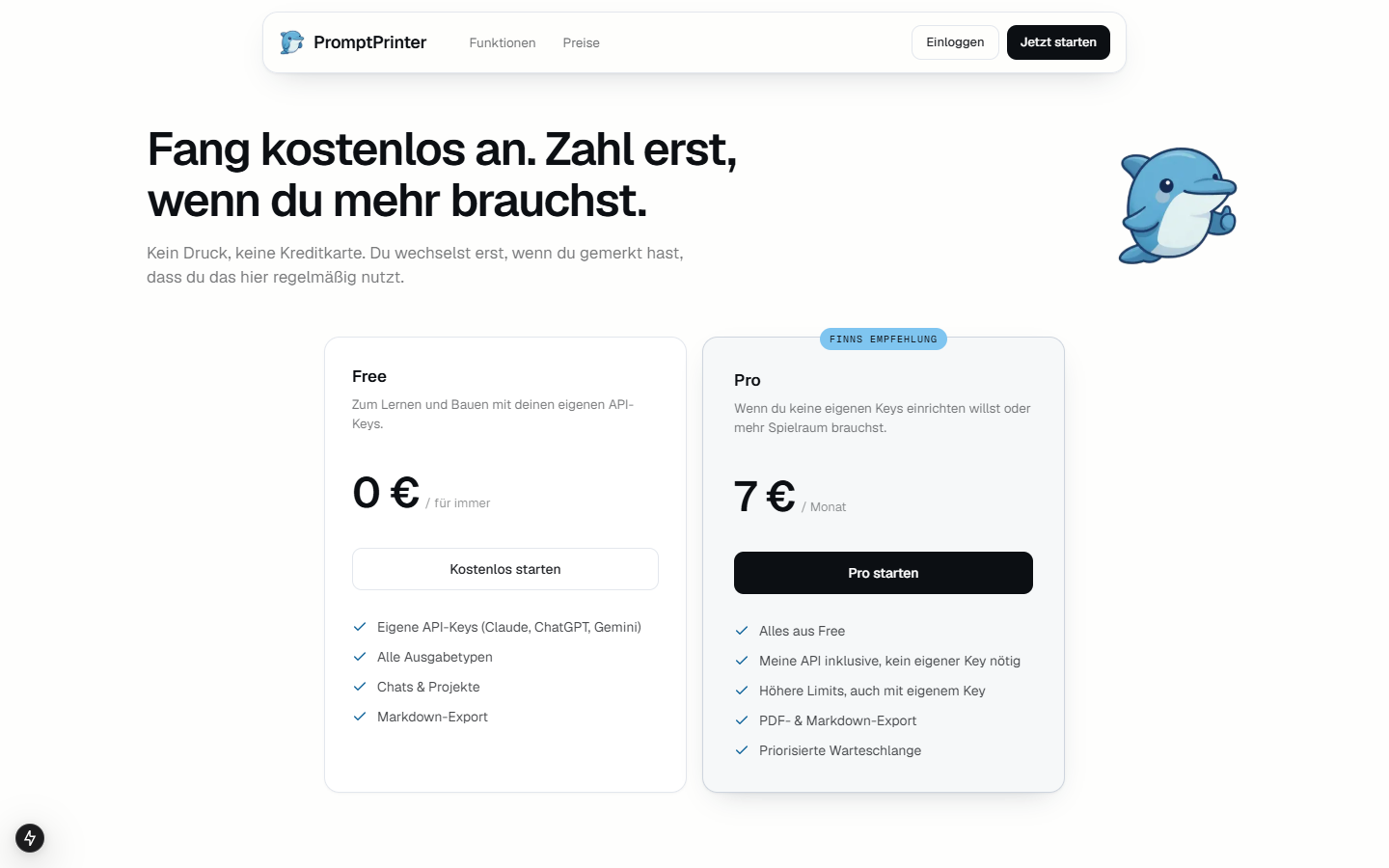 Preisübersicht mit Free- und Pro-Tarif