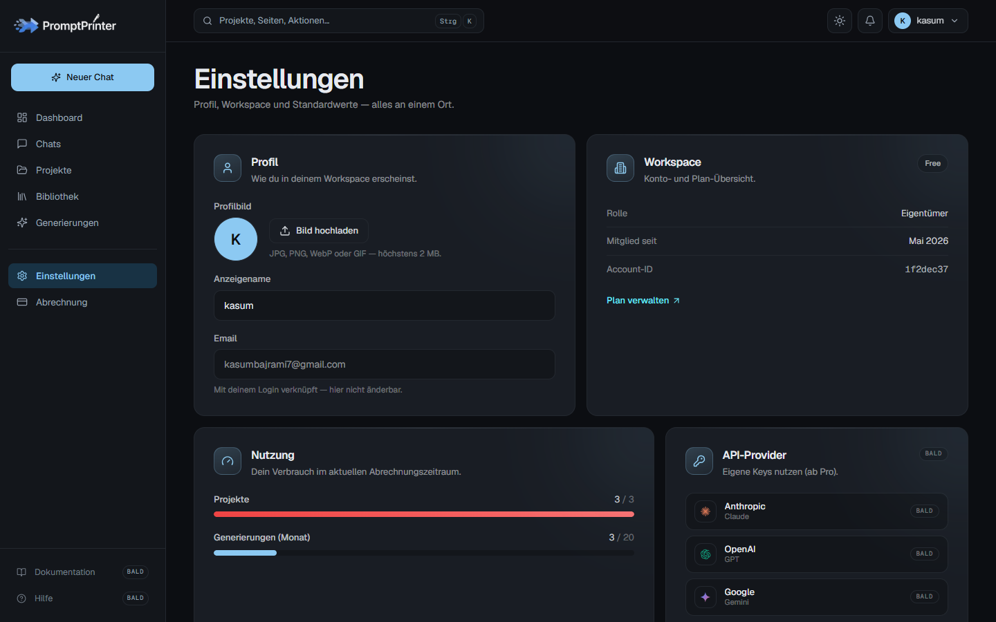 Einstellungen mit Profil und Workspace